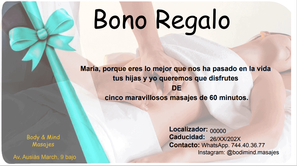 Bono regalo de cinco masajes, sin especificar el tipo.